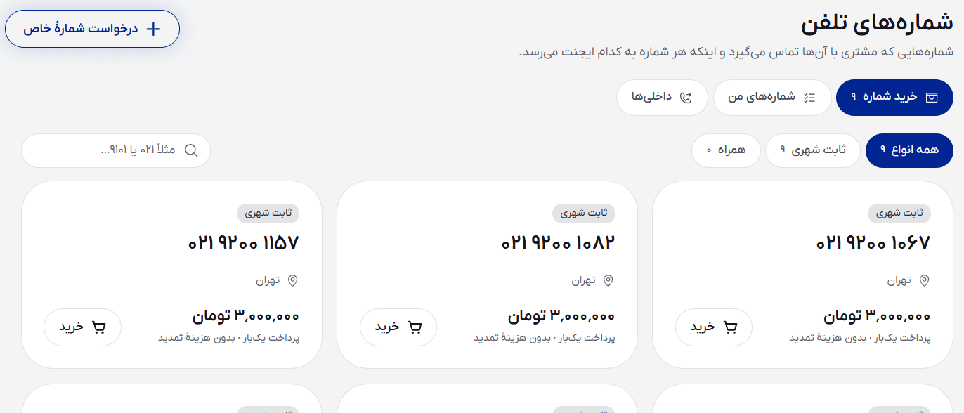 بخش «شماره‌های تلفن» در پنل اکوپرایم: زبانه‌های «خرید شماره»، «شماره‌های من» و «داخلی‌ها»، دکمهٔ «درخواست شمارهٔ خاص» و کارت شماره‌های ثابت ۰۲۱ تهران با قیمت و دکمهٔ خرید.