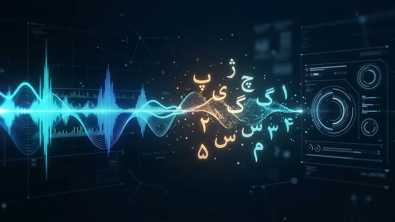 نمایش متحرک: یک موج صدا به حروف و عددهای فارسی تبدیل می‌شود و حروف دوباره به موج صدا برمی‌گردند؛ گفتار به متن و متن به گفتار.